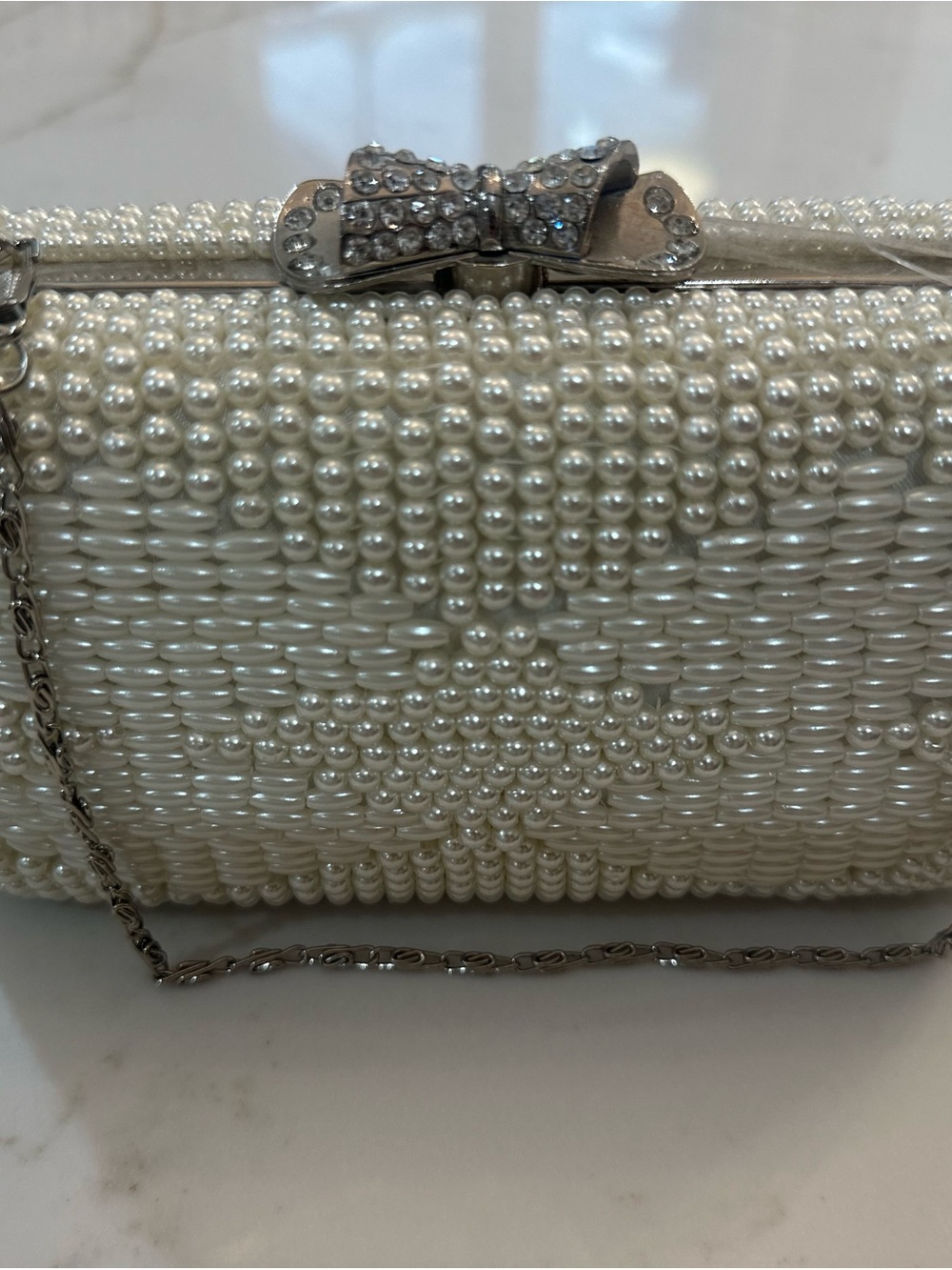 Ashley Pearl Beaded Evening Clutch with Rhinestone Bow
